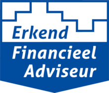Erkend Financieel Adviseur logo in blauw met wit, certificering en professionaliteit voor financieel advies in Nederland.